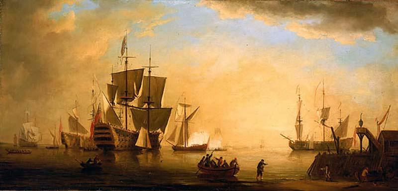 An English Flagship and Other Vessels Becalmed at Sun Down